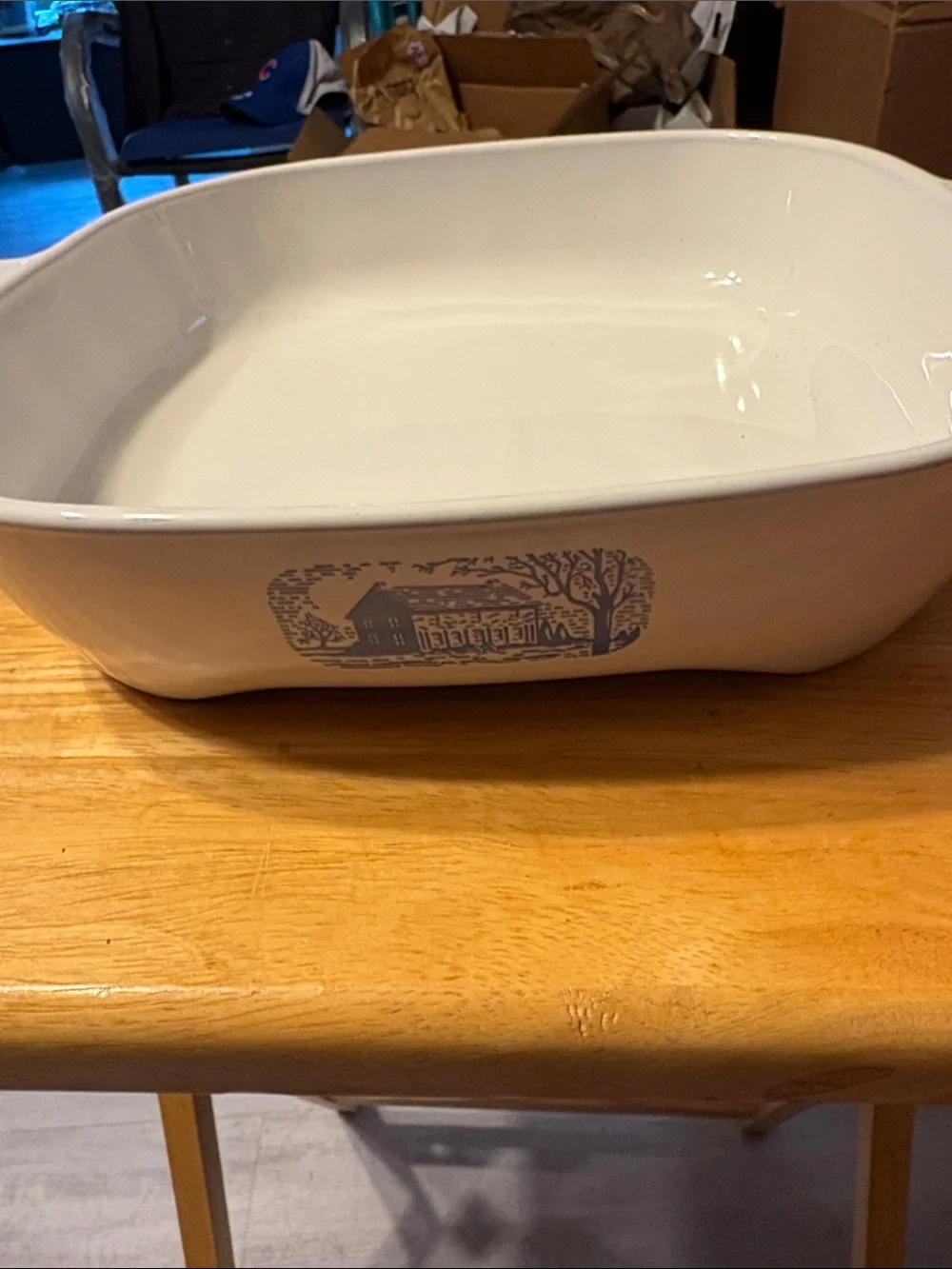 White Ceramic Baking Dish with Blue Cottage Motif
